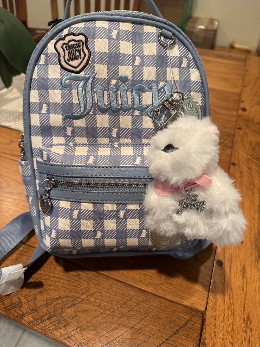 Juicy Couture Light Blue Gingham Mini Backpack with White Plush Bear Charm